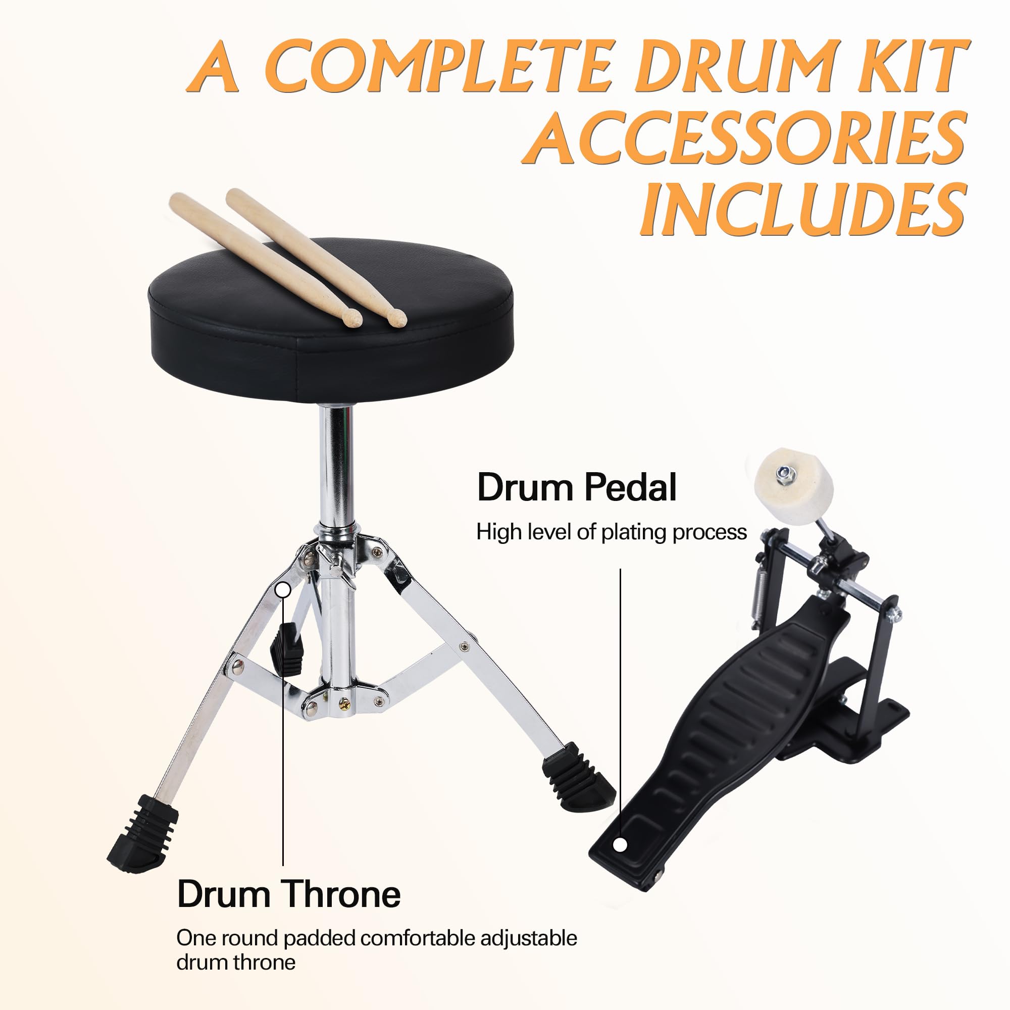 Lexington 3 PC, Schlagzeug Set mit Snare, Tom, Bass Drum, Bass Drum Pedal, Thron, Becken, Drumsticks, Rot, Gelb, Grün
