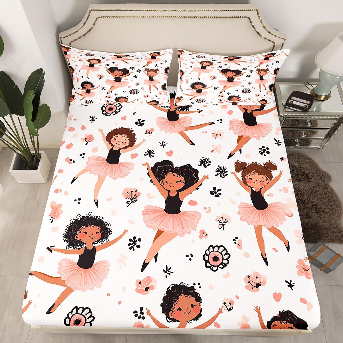 Erosebridal Ballet Girls Fitted Sheet Queen Size for Kids Teens Adults,African Girl Bed Sheets,Ballet Dancer Bedding Set,Cartoon Floral Bed Set with 2 Pillowcases Deep Pockets,no Flat Sheet