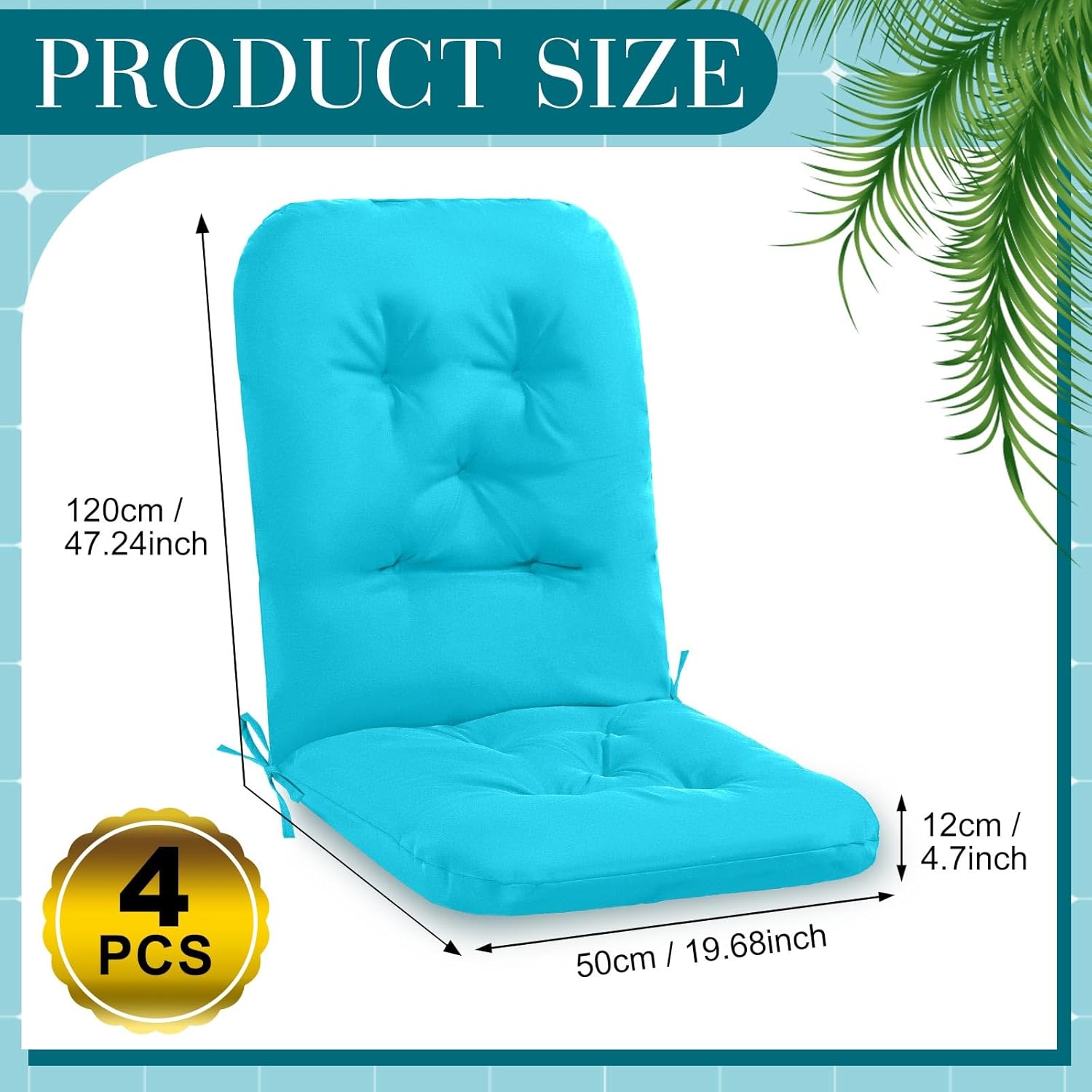 Drydiet 4 Set Outdoor High Back Chair Cushions 47 x 20 Inch Rocking Chair Cushions Waterproof Fade Resistant Comfort Replacement Seat Pads with Ties for Patio Lawn Yard Porch Home Office(Lake Blue)