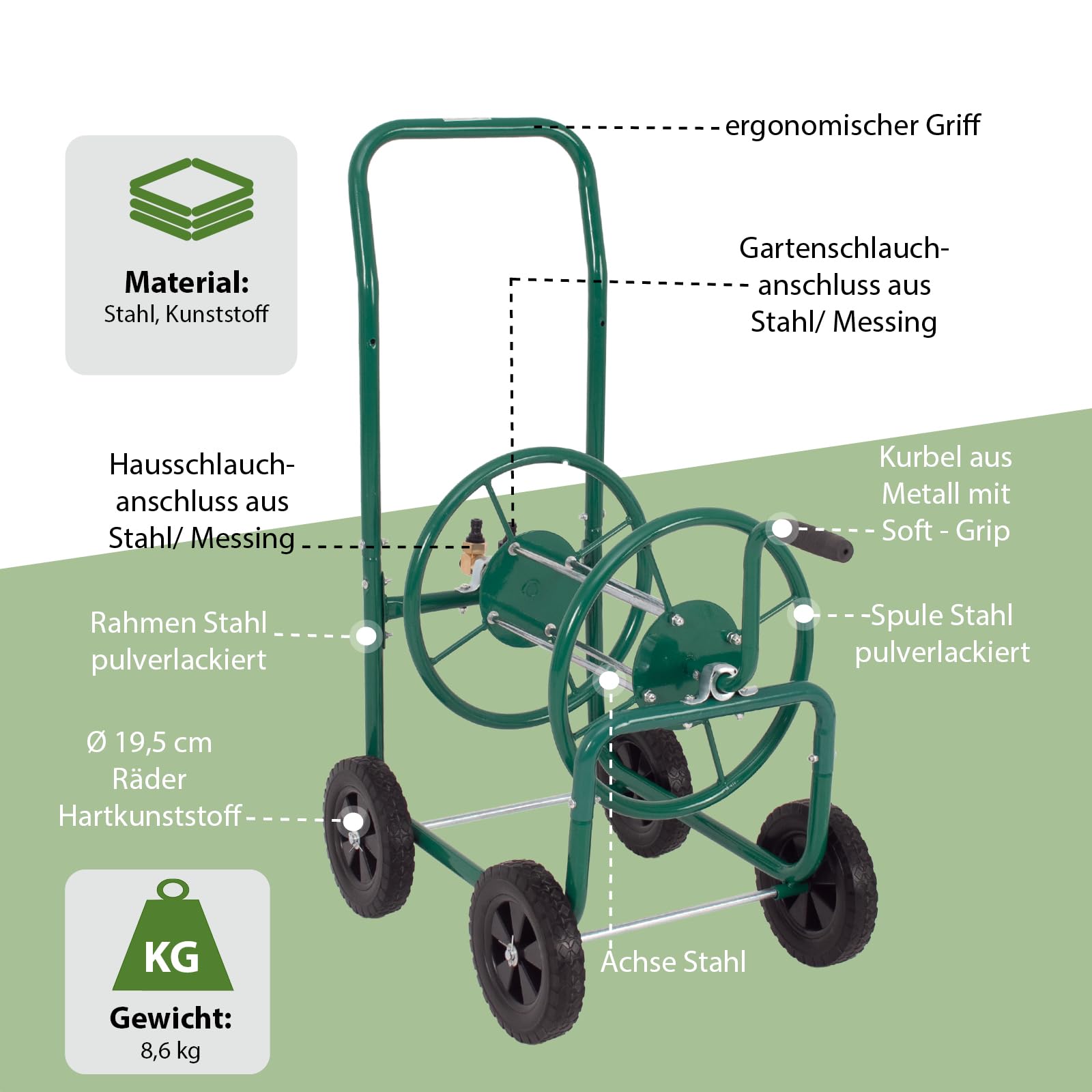 TRUTZHOLM Schlauchwagen Basic 4 Räder 95,5 x 58 cm Stahl, für 50 m Gartenschlauch 3/4" Anschluß grün