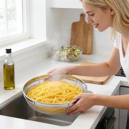 Miniatura 6 de Colador de malla fina para cocina, tazón de colador de acero inoxidable para pasta, arroz, fruta, cestas de malla metálica con base de reposo -