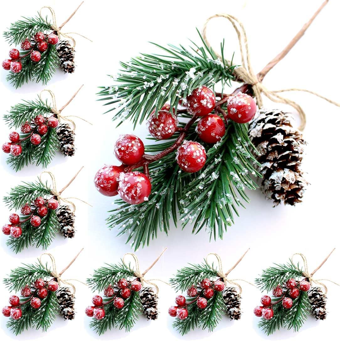 OLYPHAN Red Berry Stems Pine Branches Evergreen Berries Décor 8 PCS Artificial Pine Cones Branch for Christmas Craft Wreath Pick & Winter Holiday Floral Picks Holly Stem for Decoration DIY Xmas Crafts
