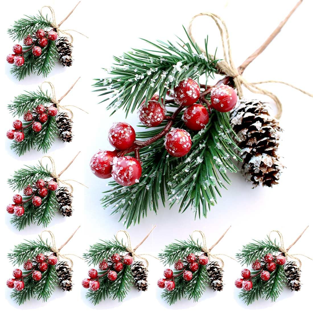OLYPHAN Red Berry Stems Pine Branches Evergreen Berries Décor 8 PCS Artificial Pine Cones Branch for Christmas Craft Wreath Pick & Winter Holiday Floral Picks Holly Stem for Decoration DIY Xmas Crafts
