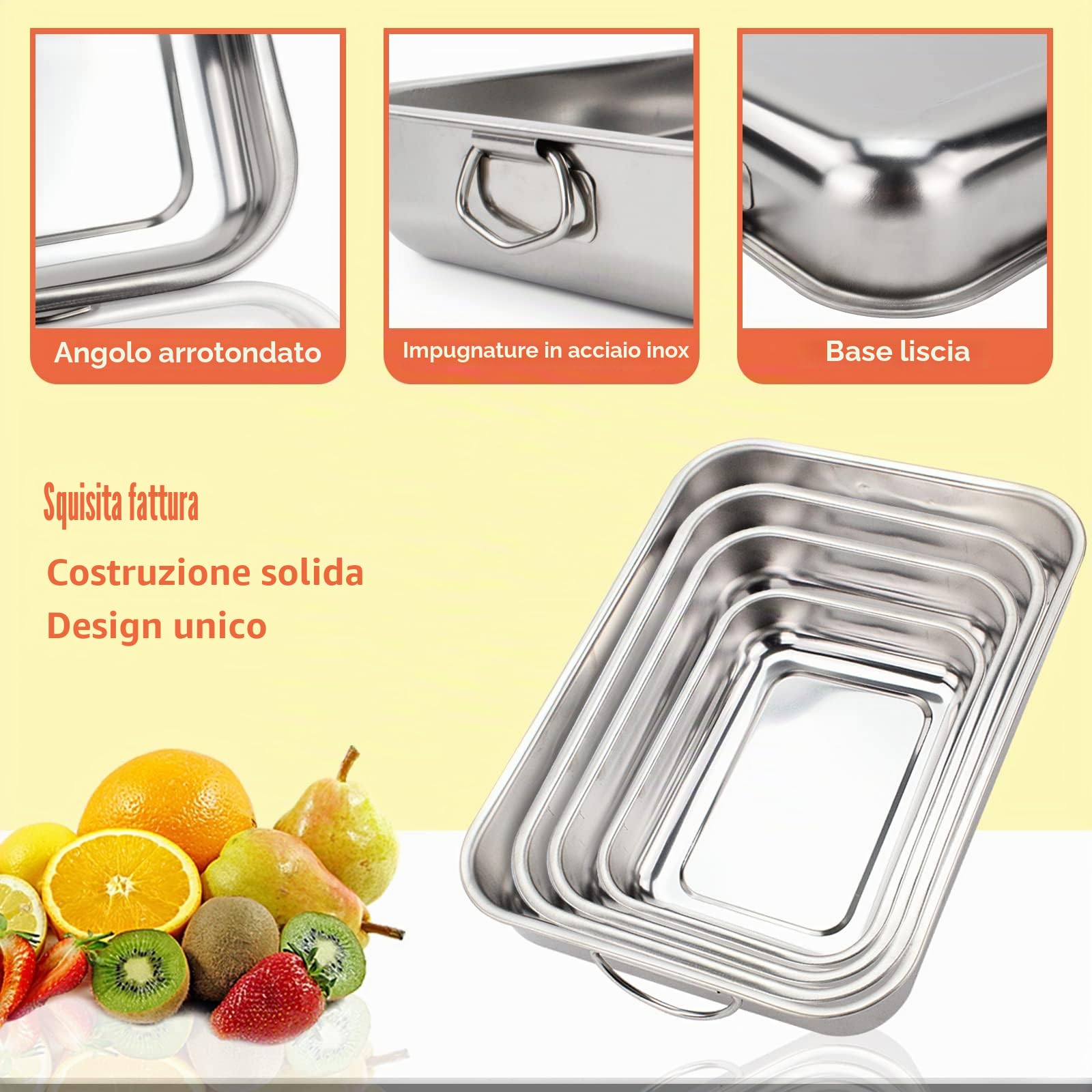 ROSSETTO Set di 4 Teglie da Forno in Acciaio Inox con manici Lasagnera Rostiera Rettangolare