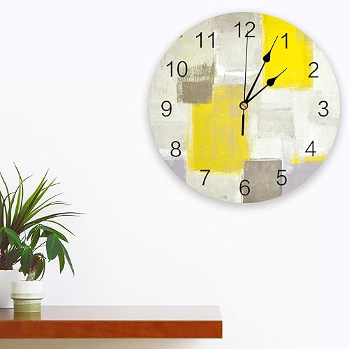 Miniatura 5 de Reloj de pared de PVC amarillo y gris, 10 pulgadas, silencioso sin tictac, funciona con pilas, reloj redondo de pintura de arte abstracto moderno