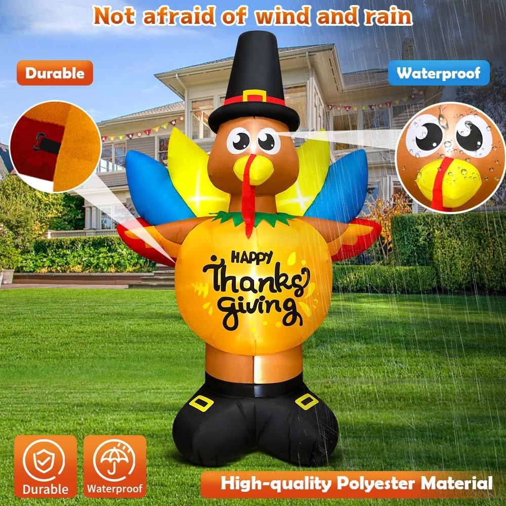 KOOY 8FT Thanksgiving Inflatables Decorations Blow Up Turkey Pumpkin with LED Lights for Thanksgiving Festival Fall Autumns Harvest Happy Outdoor Outside Indoor Lawn Holiday Decor