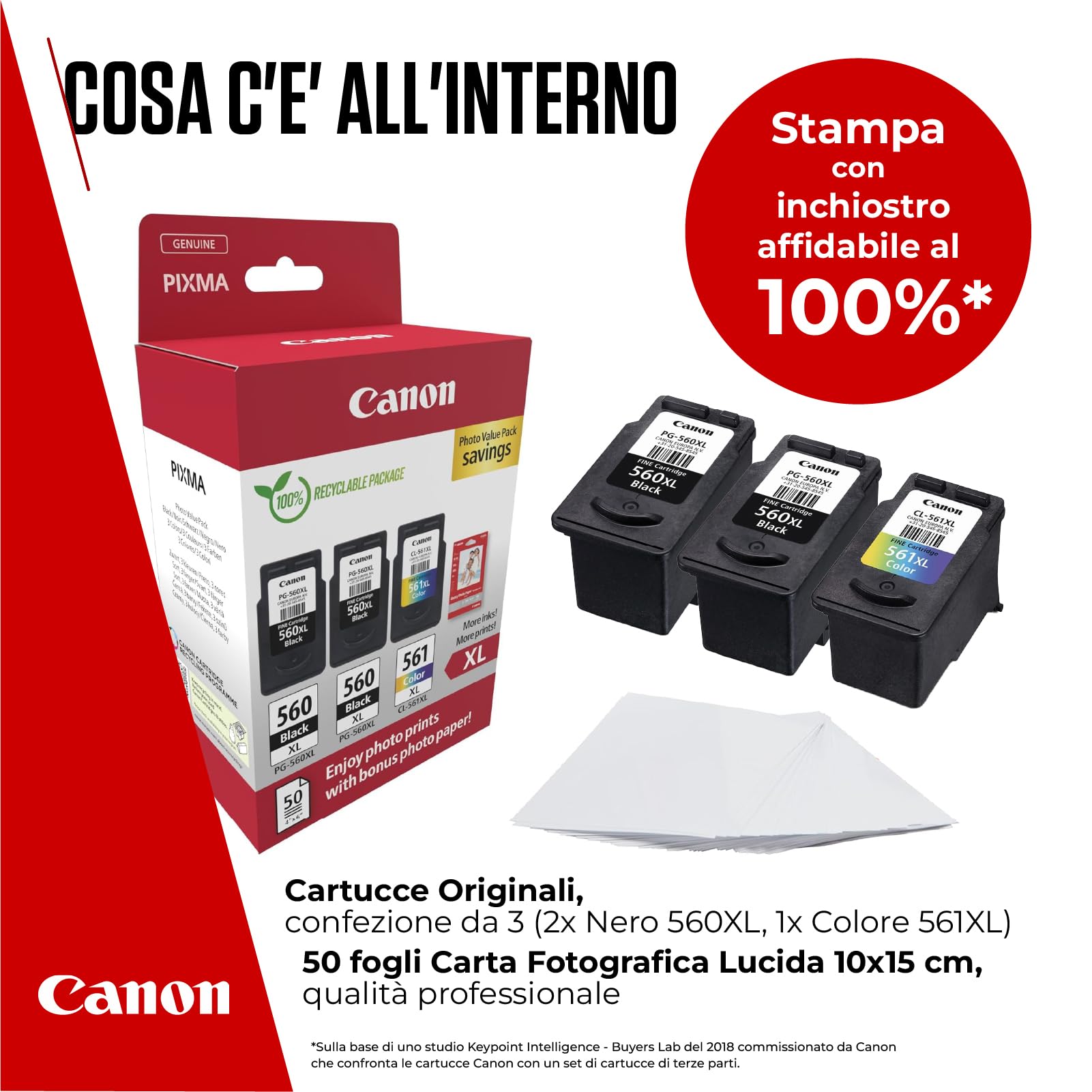Canon Multipack Cartuccia & Carta - 3 Cartucce per Stampante Originali ad Alta Capacità PG-560XL/CL-561XL (2 x Nero, 1 x Colori) & 4x6 Carta Fotografica (50 x Fogli)