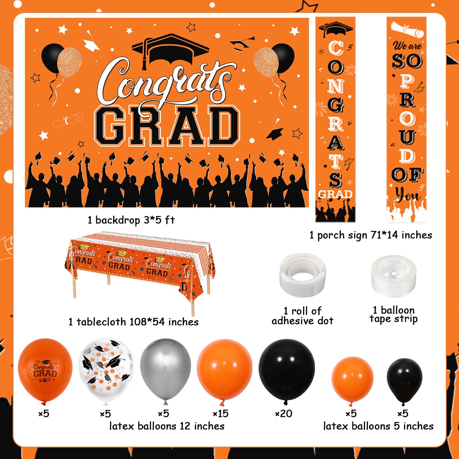 Wonmelody Black and Orange Graduation Party Decorations Set 2025 Graduation Congrats Grad Backdrop We Are So Proud Of You Door Banner Table Cover 2025 Graduate Balloon Kit Graduation Decoration - Image 4