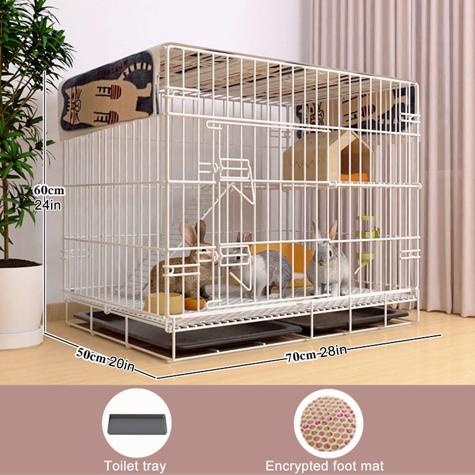Gabbia in Metallo a 2 Livelli per Conigli, Furetti e Porcellini D'India con Porta e Scala di Arrampicata per Interni (White, 70*50*60cm/28*20*24in)