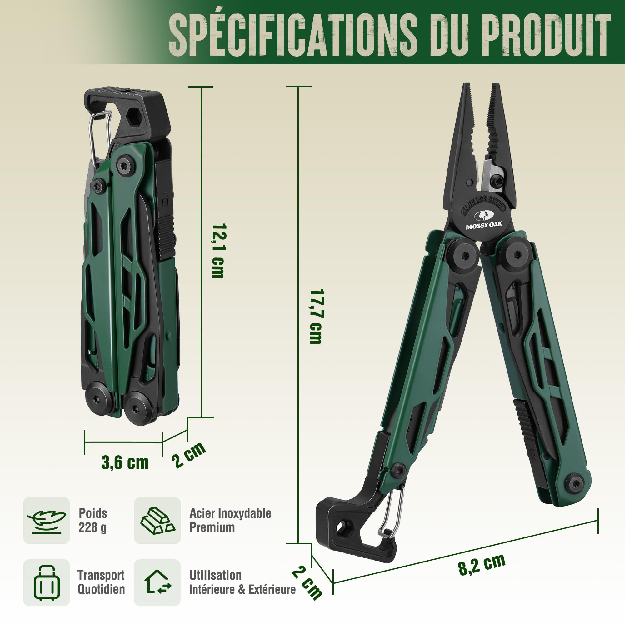 MOSSY OAK Pince Multifonction en Acier Inoxydable 27 en 1 | Outil Multifonction Compact et Robuste, Multitool de Poche pour Camping, Survie, Bricolage et Activités en Plein Air