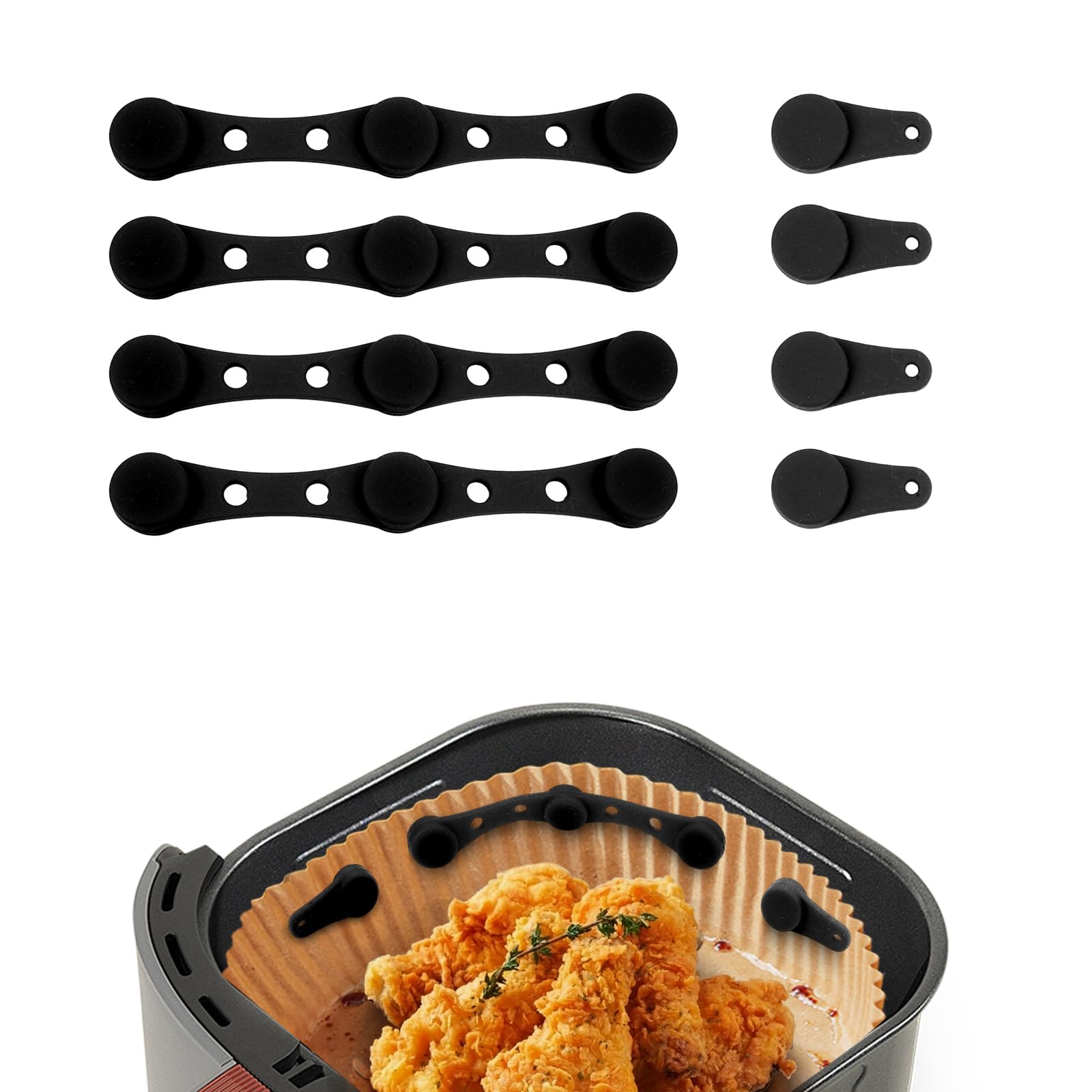 FIohiros 8 Pack Air Fryer Silicone Magnet Clips, Air Fryer Accessories Heat-Resistant Safety Buckle Secures Parchment Liners Prevent Paper from Burning Food Covers Fits All Basket Models (Black)