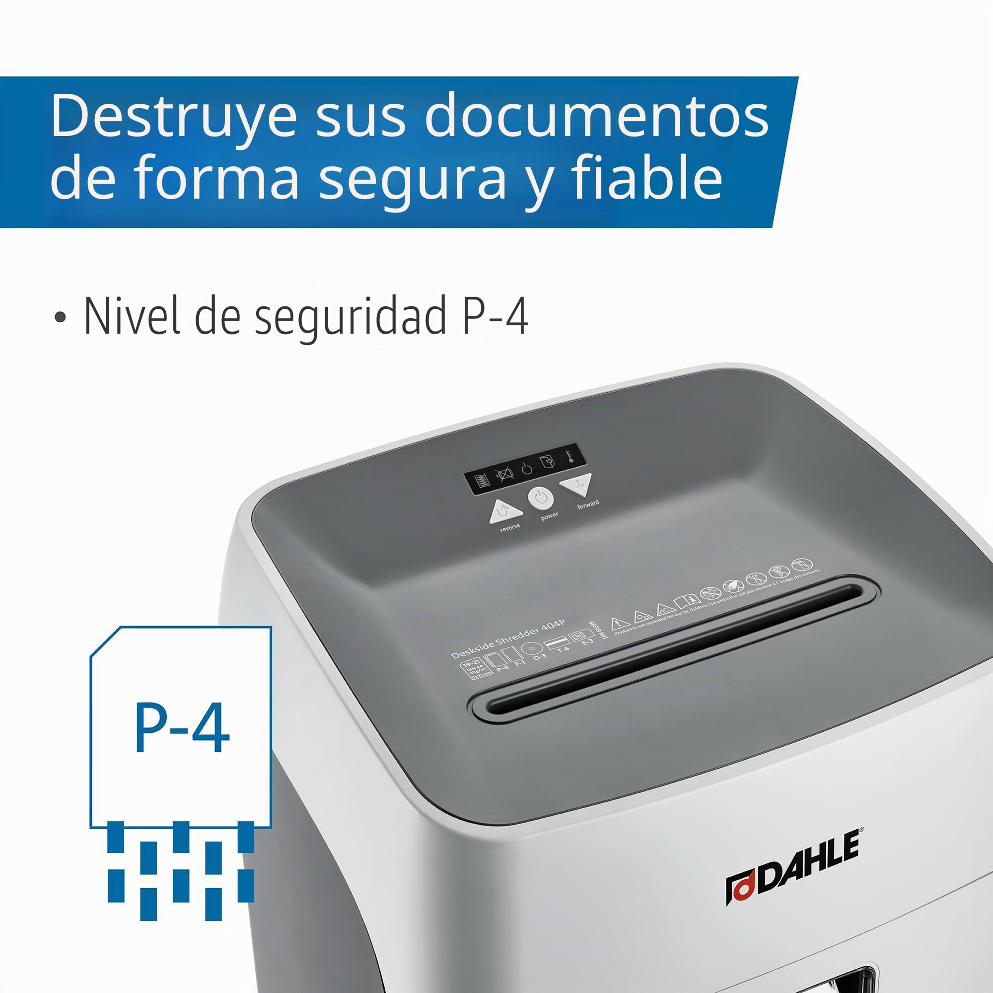 Dahle Deskside 404P - Trituradora de Papel (40 L, Nivel de Seguridad P-4, Resistente Laminado de Acero, sin Aceite ni Mantenimiento, 19-21 Hojas)