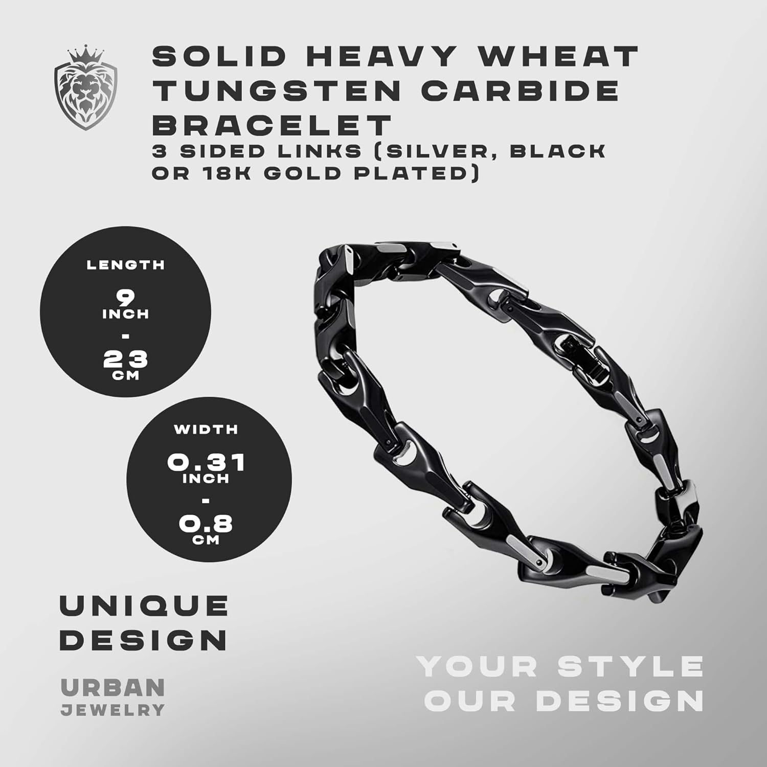Urban Jewelry Men’s Wheat Link Bracelet Collection – Tungsten Carbide Base, 3-Sided Links, 8.3 Inch, Black, Silver & 24K Gold Plated Variations, Scratch-Resistant, Gift Box - Image 2