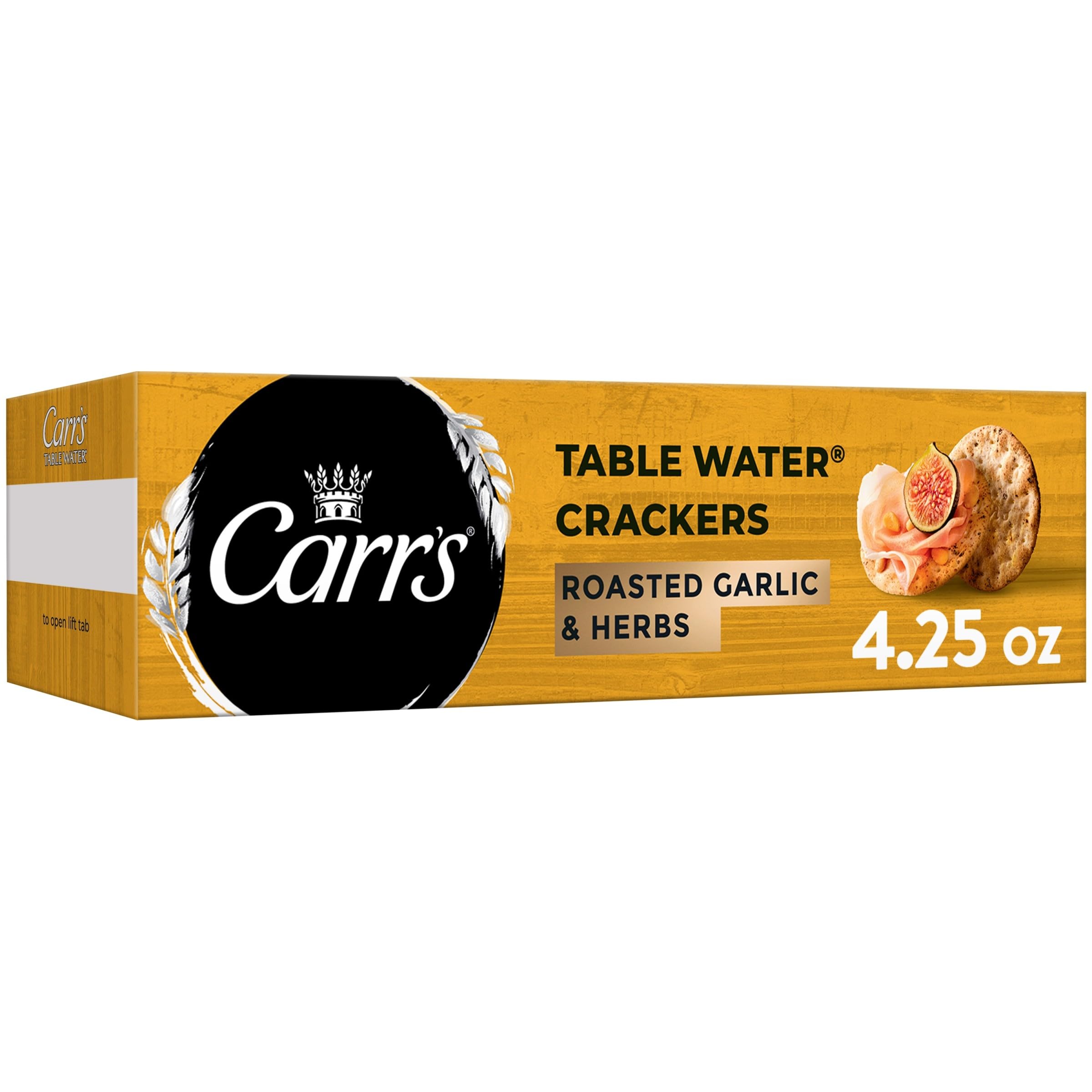 Carr's Table Water Crackers, Baked Snack Crackers, Party Snacks, Roasted Garlic and Herbs, 4.5oz Box (1 Box)