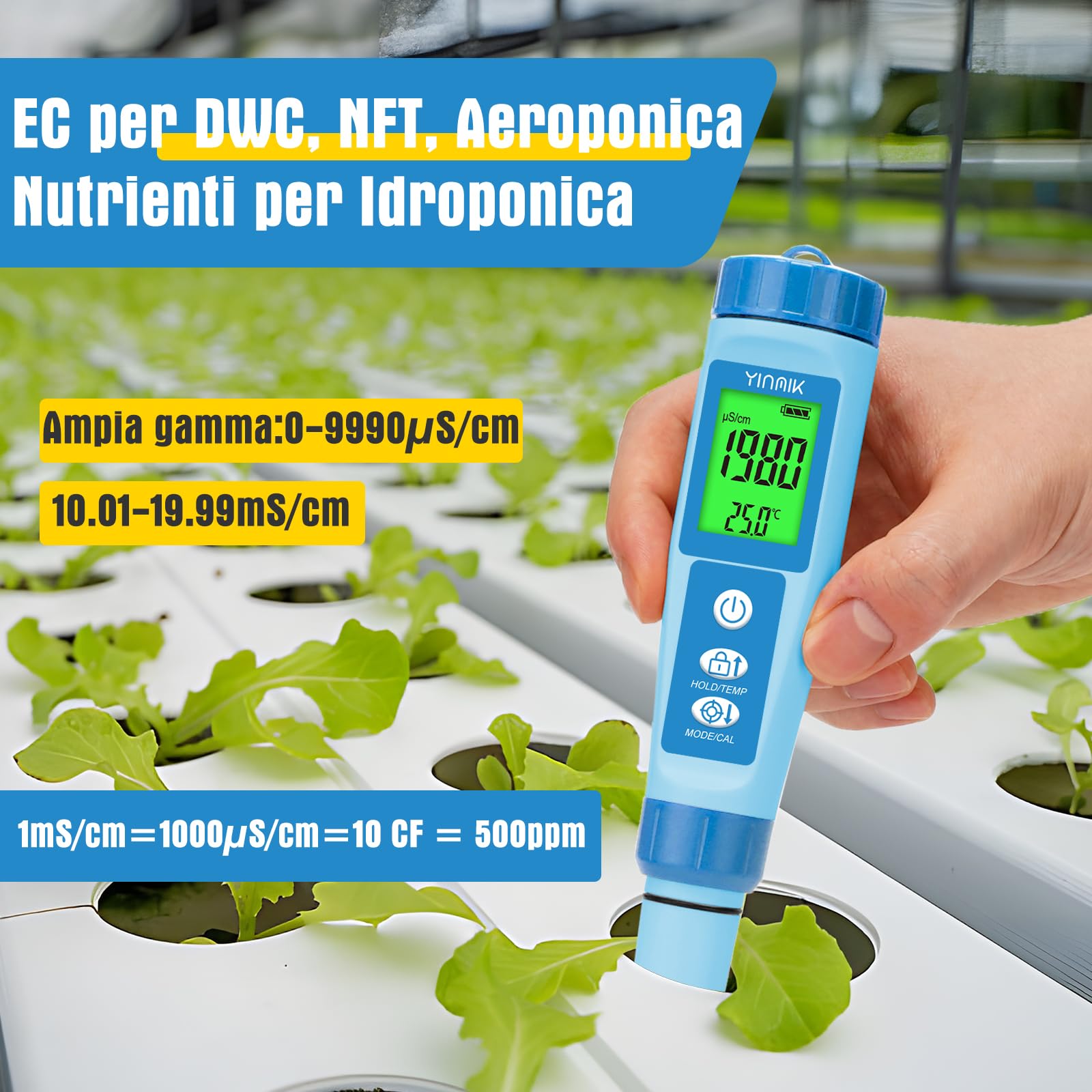 YINMIK Misuratore di pH Digitale, Tester pH 4 in 1 per Acqua Idroponica, Tester TDS EC PPM per Nutrienti Vegetali, Misuratore di Conducibilità pH a Penna per Acqua Potabile, DWC, Piante da Interno