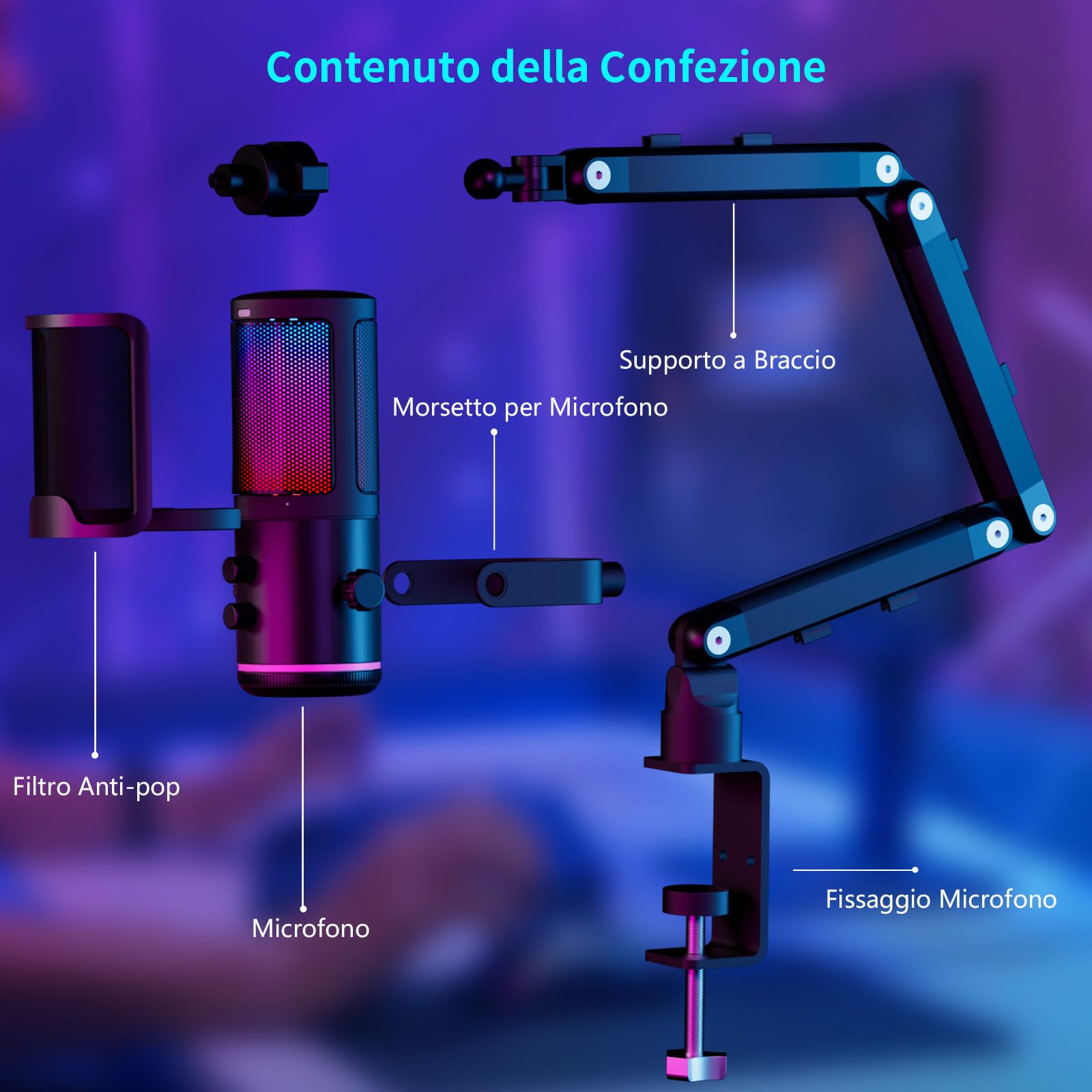 K KASONIC Microfono RGB per Gaming con Braccio a Snodo, Microfono Condensatore per Home Studio per PC, Microfono USB 24bit 192kHz per Registrazione Podcast, Kit Microfono per Streaming
