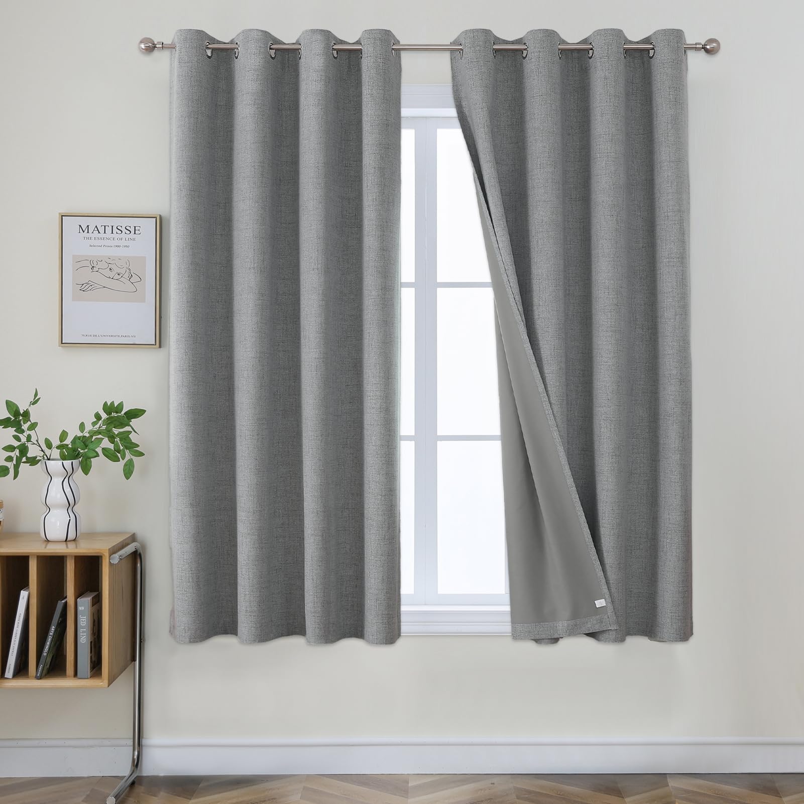 Joydeco Light Grey Blackout Curtains for Bedroom 63 Inches Long 2 Panels, 100% Blackout Light Grey Linen Curtains for Living Room, Room Darkening Burlap Grommet Drapes (42x63 inch, Light Grey)