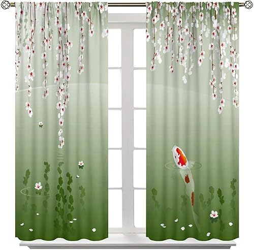 Miniatura 3 de Koi - Cortinas de peces de primavera, estampado de estanque de cerezos con estampado de peces de paisaje, dormitorio, sala de estar, verde, 55 x 63