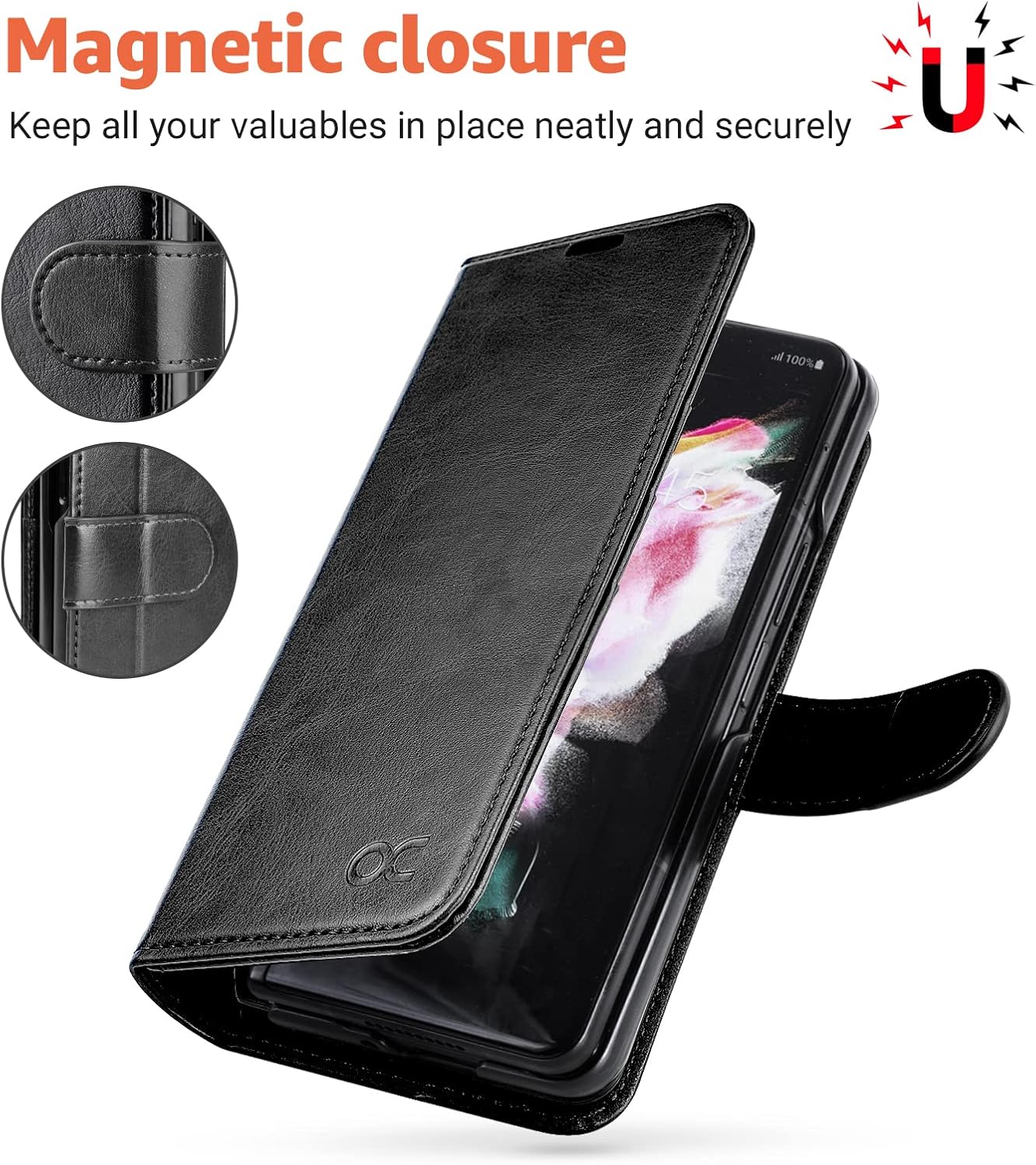 OCASE Galaxy Z Fold 3 5G Wallet Case with S Pen Holder, PU Leather Flip Folio, Card Slots, RFID Blocking, Kickstand - Black