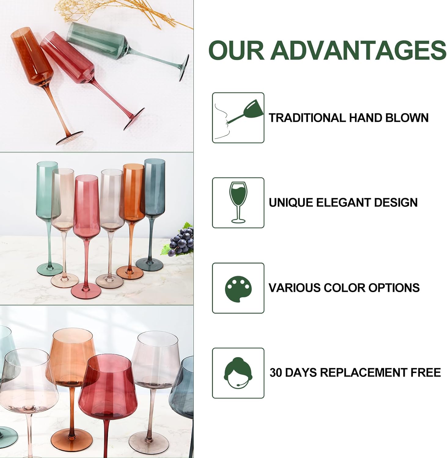 Colored Champagne Flutes Set of 6, Large 8 Oz Hand Blown Crystal Glasses, Lead-Free Colorful Glasses, Italian Style Tall Stemmed Glassware-Elegant Gift Box for Wedding, Party, Holidays, Birthdays