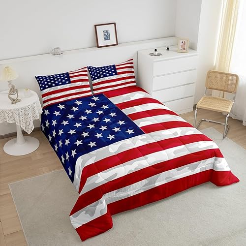 Miniatura 3 de Feelyou Juego de ropa de cama con bandera estadounidense, diseño de bandera de Estados Unidos, edredón de bandera de camuflaje del ejército, edredón