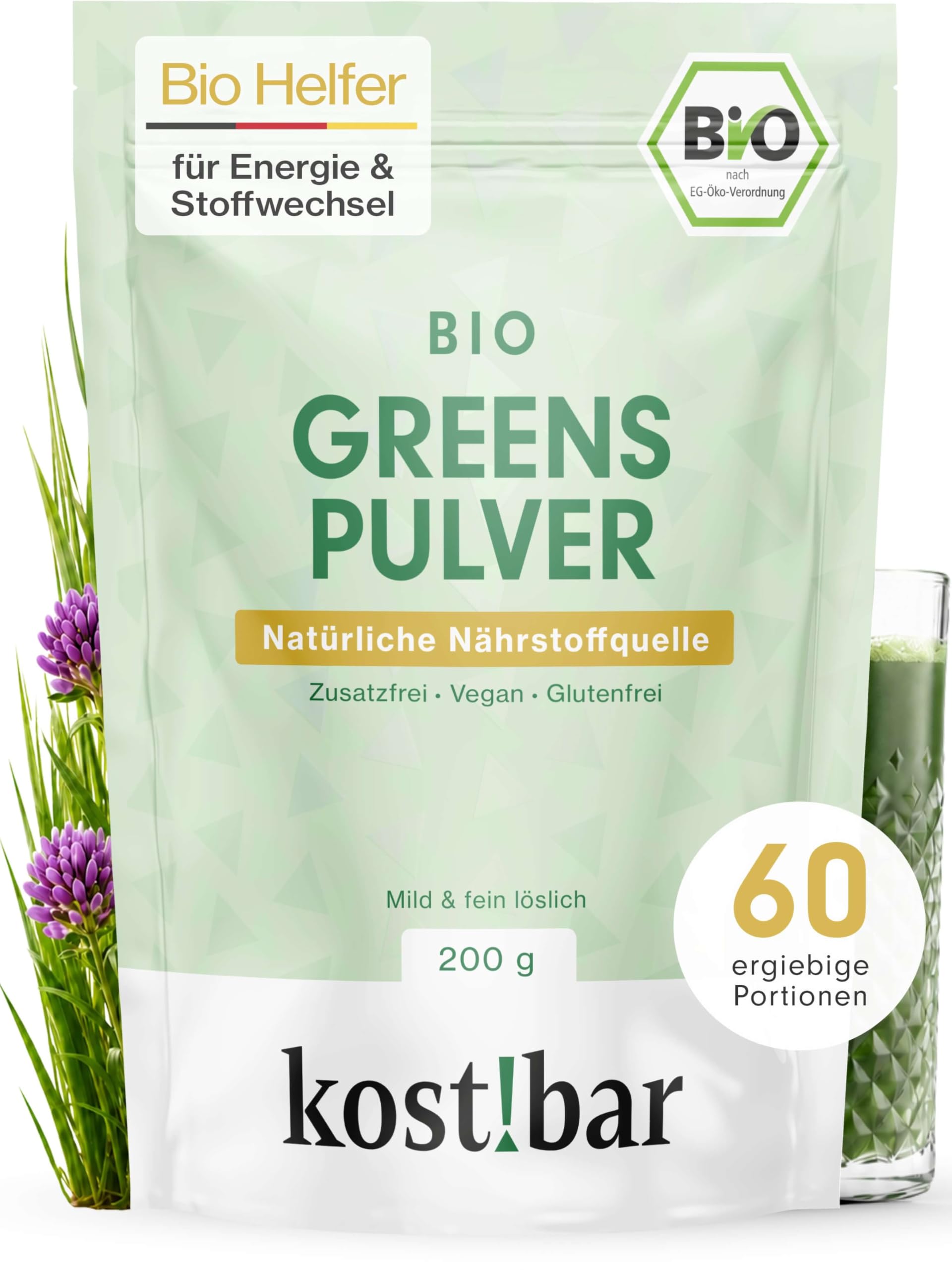 BIO Greens Pulver - Stoffwechsel Helfer - Diät Unterstützung - Hochdosierte Grassaftpulver aus Gerstengras, Weizengras, uvm. - 60 Superfood Smoothies