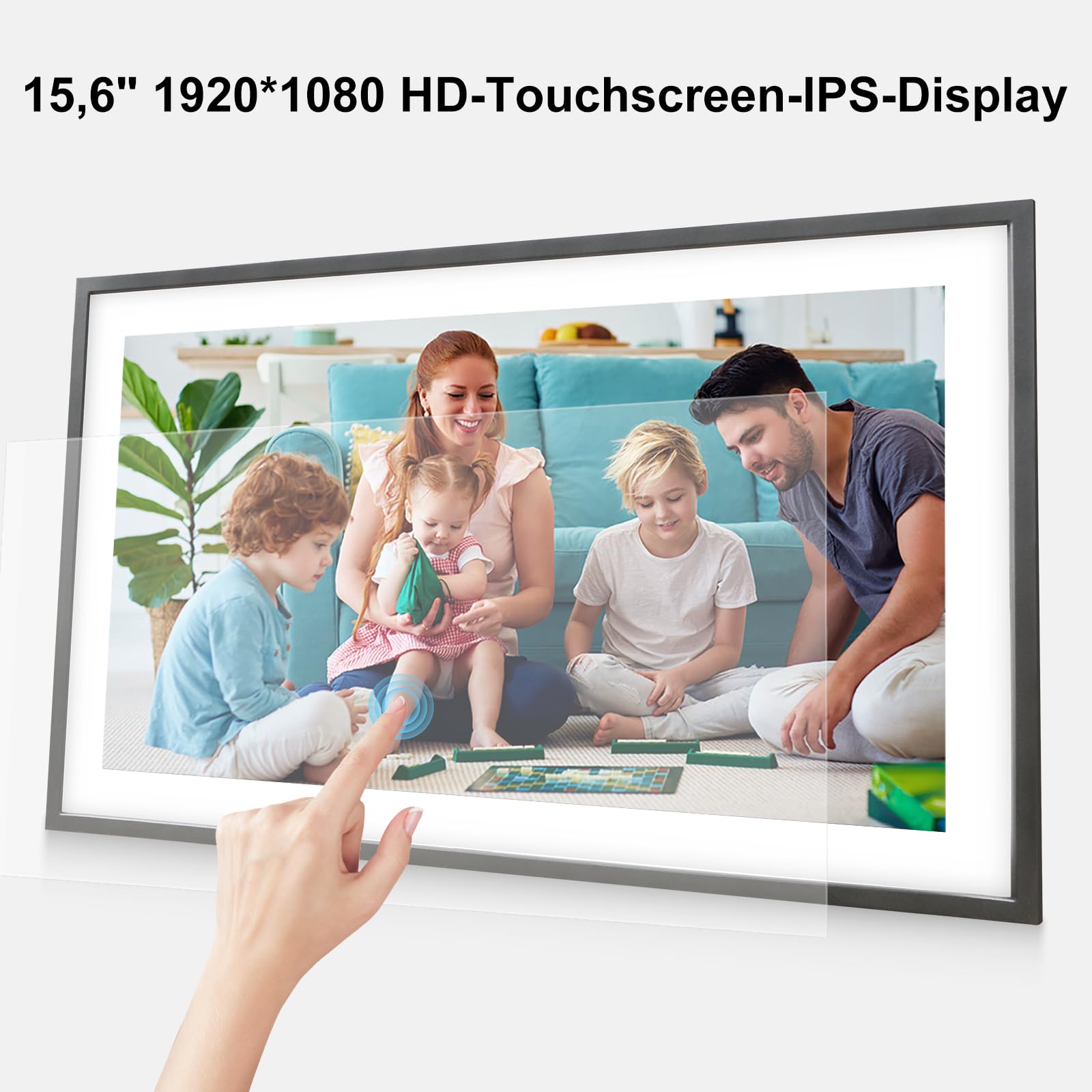 Digitaler Bilderrahmen Groß,15.6 Zoll Frameo Digital Photo Frame, 32 GB, 1920 * 1080 IPS FHD-Touchscreen, Elektronischer Bilderrahmen Tisch- und Wandmontage, Bildvideo teilen