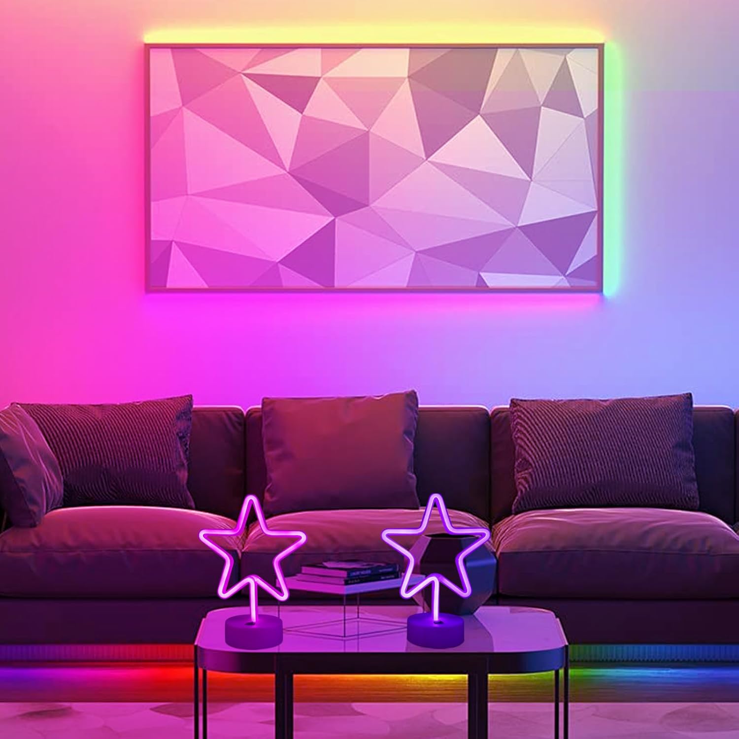 Star Neon Sign LED Star Lights for Wall Decor Battery Powered or USB Neon Star Light with Base Neon Sign for Bedroom Party Bar Gift Birthday Decoration Pink & Purple-2PCS