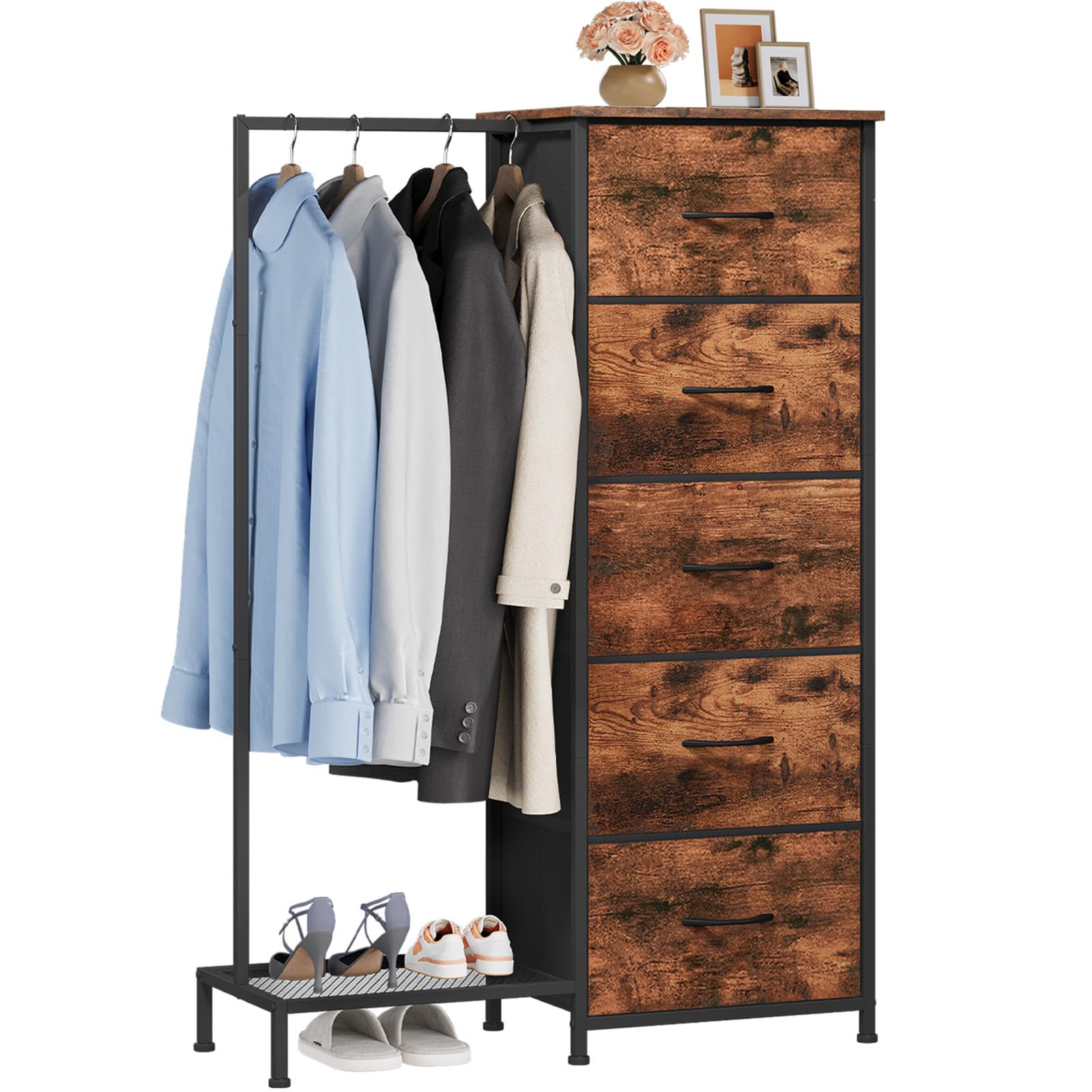 Somdot Chest of Drawers Bedroom with Clothes Rail and 5 Fabric Drawers, Reversible Clothes Storage Cabinet for Bedside Closet Entryway Hallway Kids Dorm Living Room, Wood Grain Print