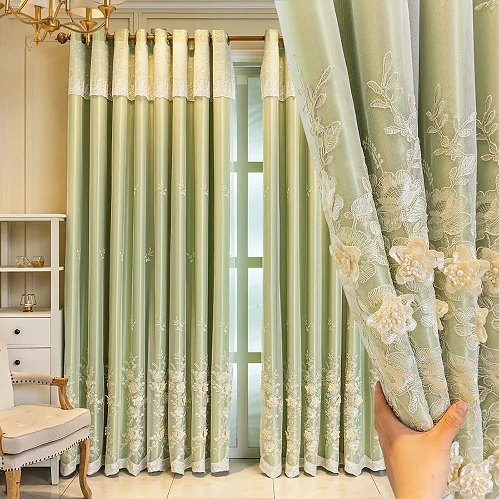 Amidoudou 1 Pair European 3D Flower Luxury Embroidered Curtains Double Layer Curtains with Valance for Living Room Bedroom (Green,52x96 Inch)
