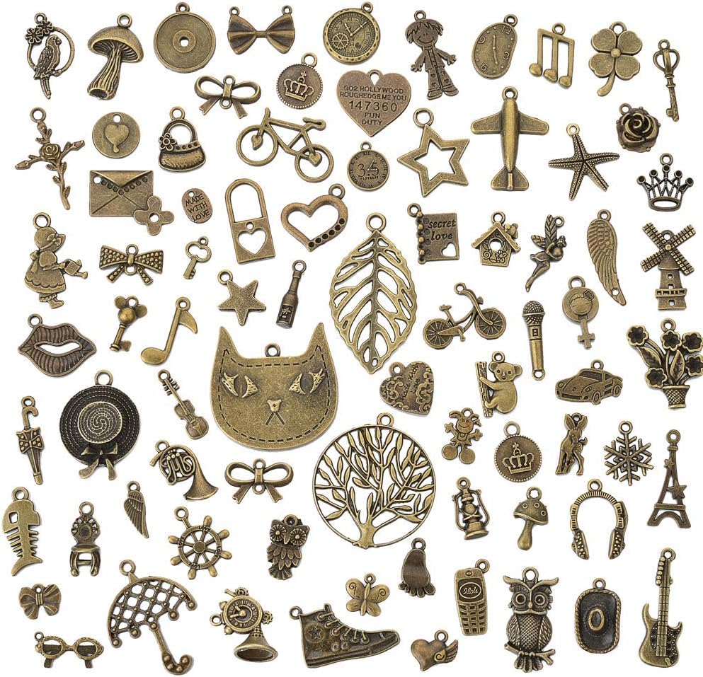 Wanmei 80 pcs Mixed Pendants Charms for Jewelry Making- Travelers Notebook Pendant Retro Alloy Bronze Tibetan Silver Pendant for DIY Bracelet and Necklace