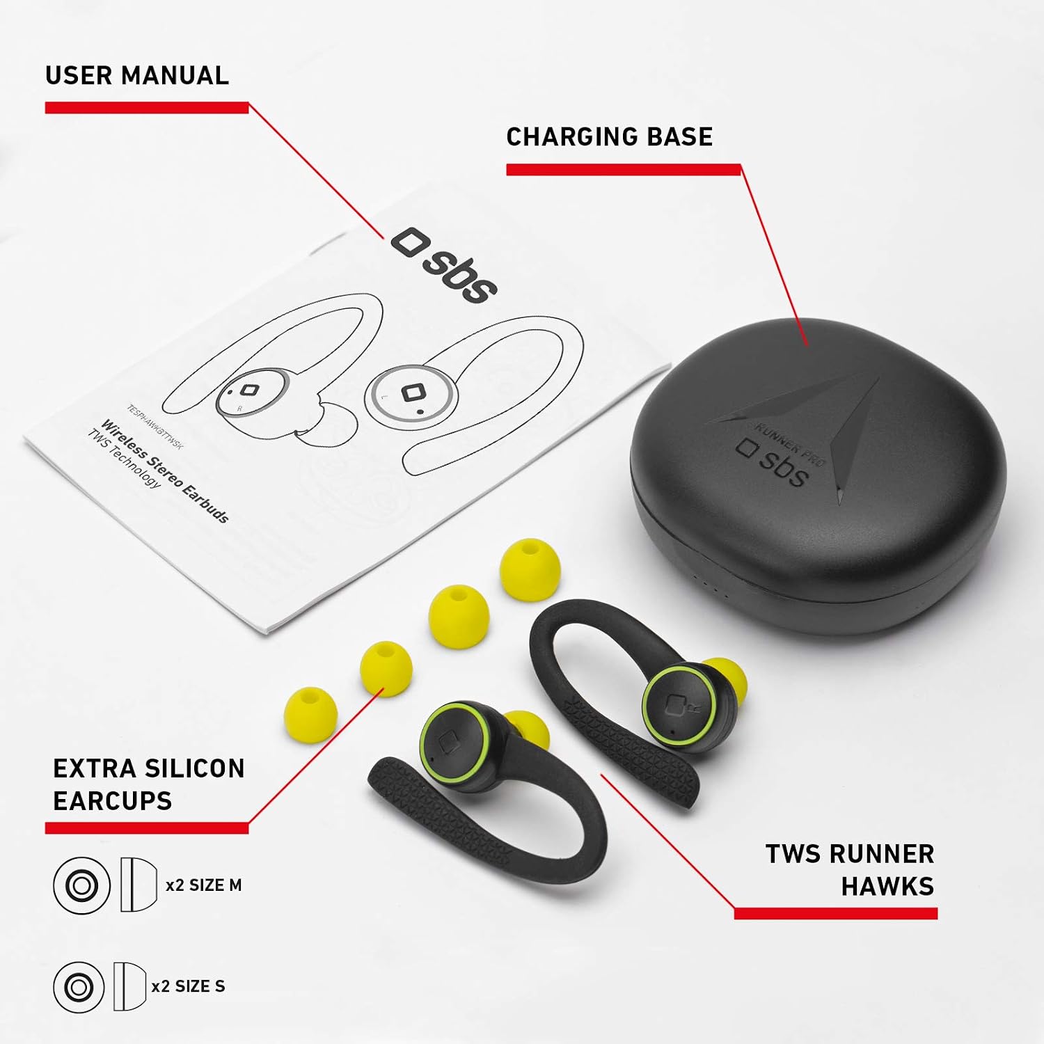 SBS Auricolari Stereo Sportivi TWS Runner Hawks con basetta di Ricarica da  400 mAh, Wireless V5.0, Archetto in Silicone, Tasti Multifunzione per  Musica e chiamate, Microfono Integrato : Amazon.it: Elettronica