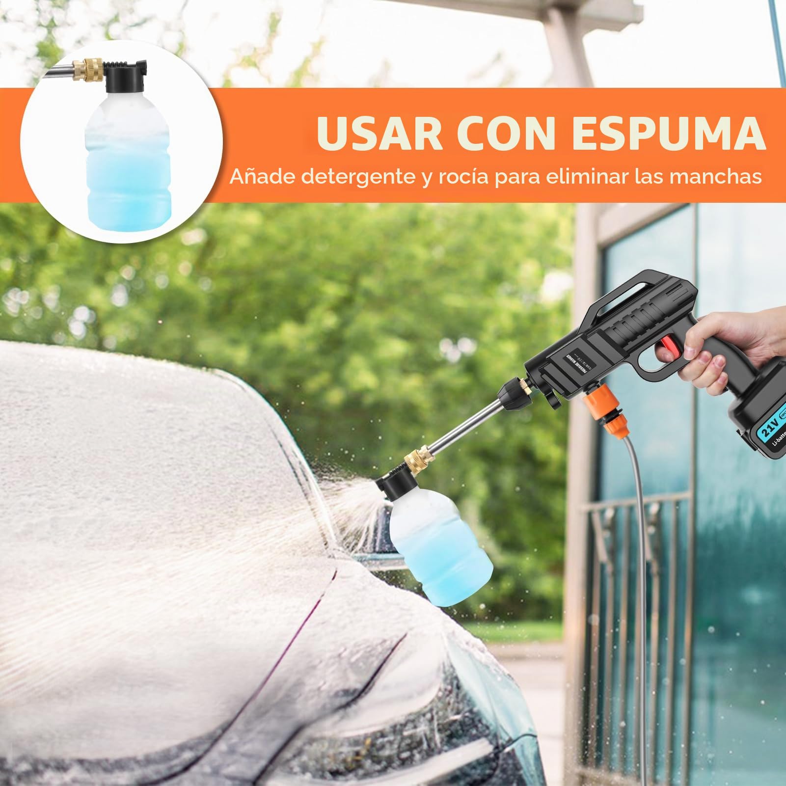 Limpiador de alta presión, 100 bar, 270 L/H, pistola portátil con 2 baterías de 3000 mAh, boquilla ajustable, manguera de 5 m para suelo de coche