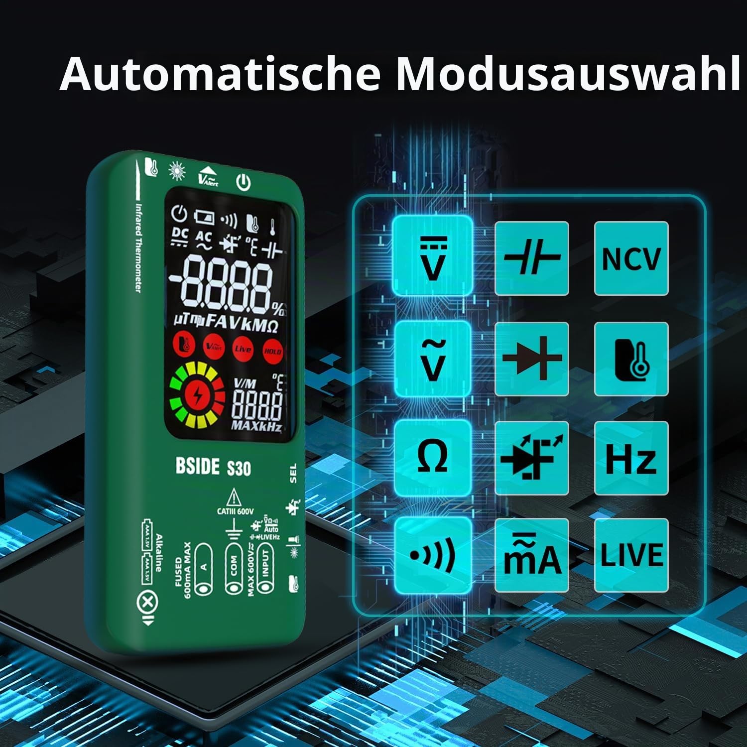 BSIDE Digitales Automatisches Multimeter Infrarot Thermometer Hochspannung Diode LED Tester 9999 Zähler Farb LCD Spannungsprüfer Strommessgerät Kapazität Diode Ohm Messgerät für LED KFZ Elektriker