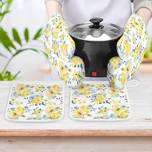 Miniatura 6 de Juego de 4 manoplas de horno y agarraderas de flores brillantes amarillas y azules, resistentes al calor, guantes antideslizantes, decoración de