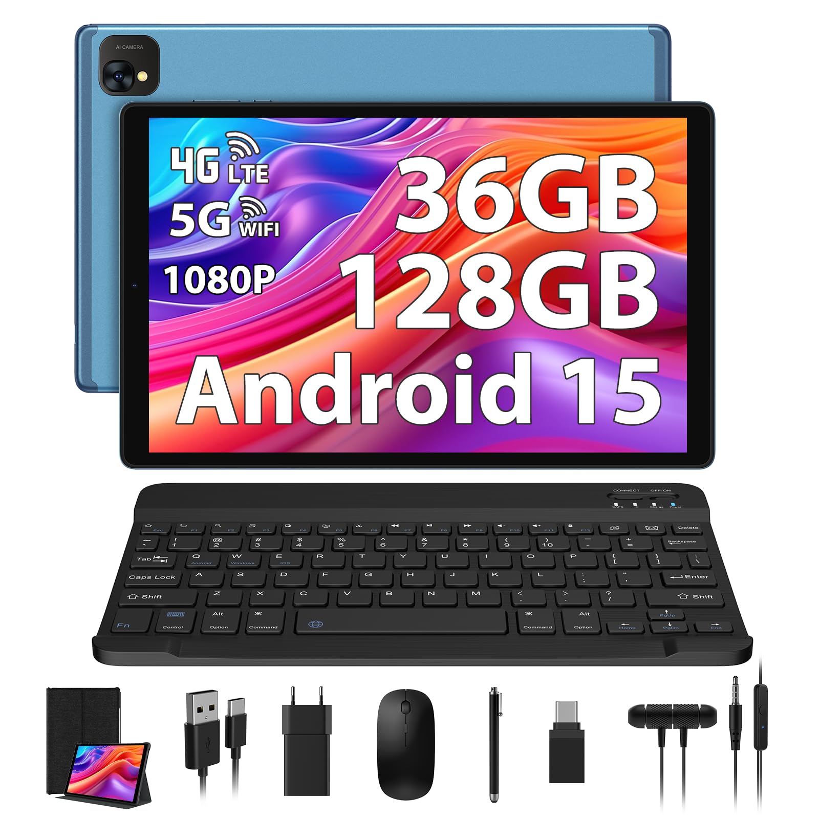PIXPEAK Tablet 10 pollici 4G lte e 5G WiFi, Android 14.0 Octa-Core 2.0GHz, 36GB RAM, 128GB ROM (1TB Espandibile), INCELL 1920 * 1200, 13MP+8MP, Tablet in offerta con Tastiera etc, GPS/Bluetooth, blu