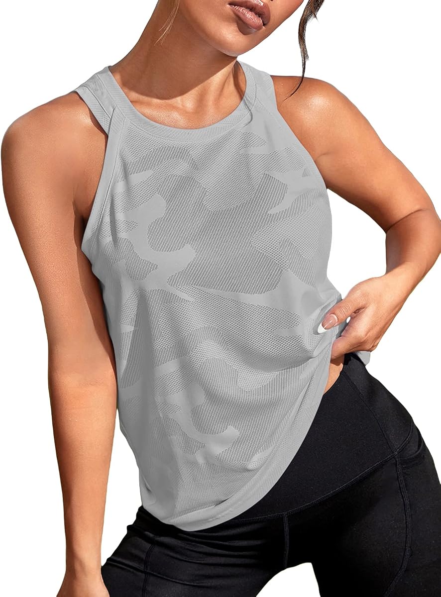 OYOANGLE Camiseta sin mangas con estampado de camuflaje para mujer, camisetas sin mangas para correr y hacer ejercicio, camiseta de Yoga | Causal Suelto Ejercicio Racerback Yoga Gimnasio Correr Fitness Atlético Camisetas sin mangas, senderismo al aire libre