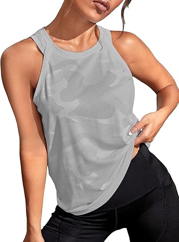 OYOANGLE Camisetas de entrenamiento sin mangas con estampado de camuflaje para mujer, camisetas de entrenamiento para correr, camisetas de gimnasio
