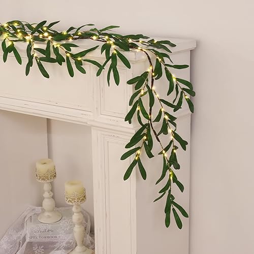 Waipfaru Olive Garland with Lights, 6FT Prelit Christmas Garland with