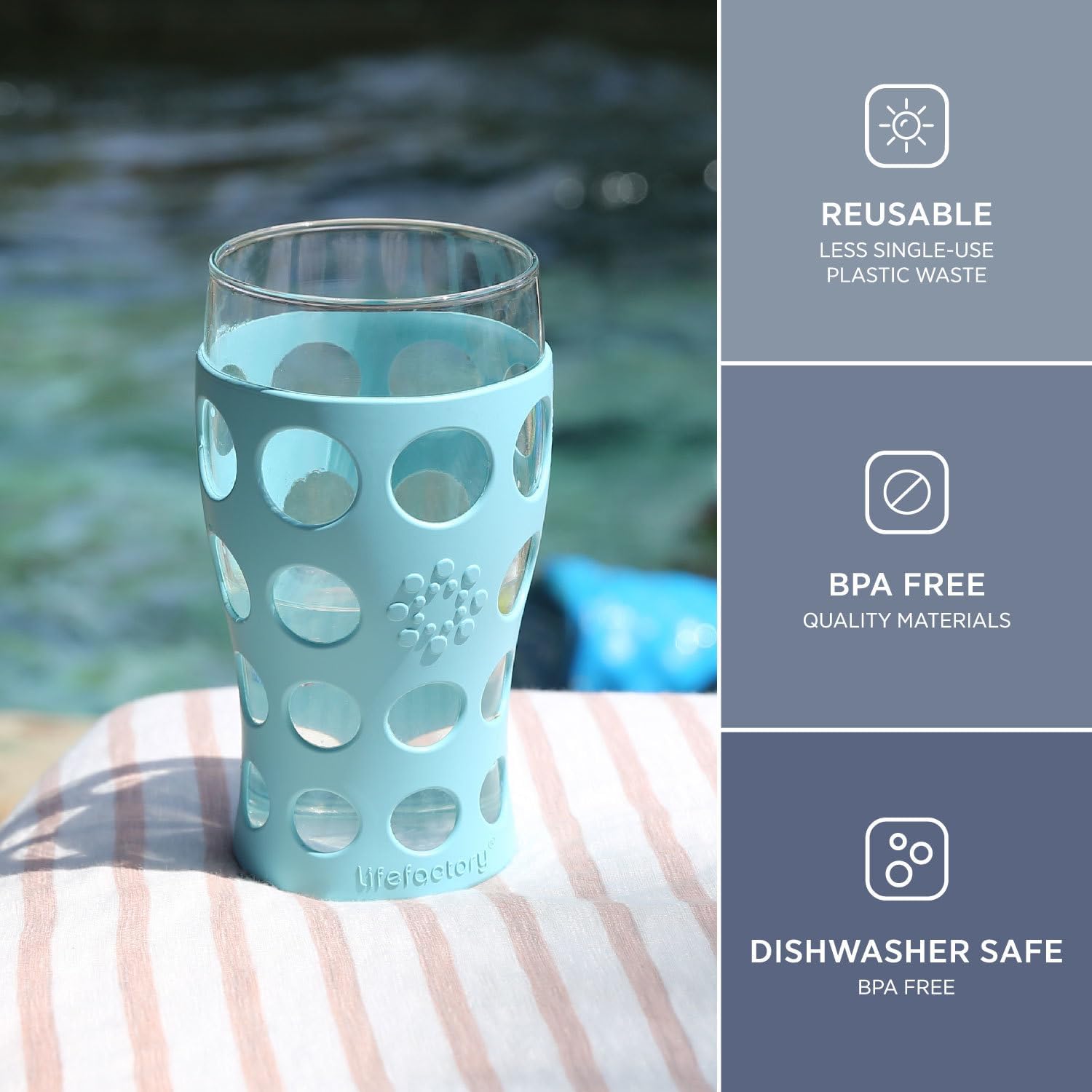Lifefactory 20-Ounce BPA-Free Indoor/Outdoor Beverage Glass with Protective Silicone Sleeve, 2-Pack, Aqua Teal
