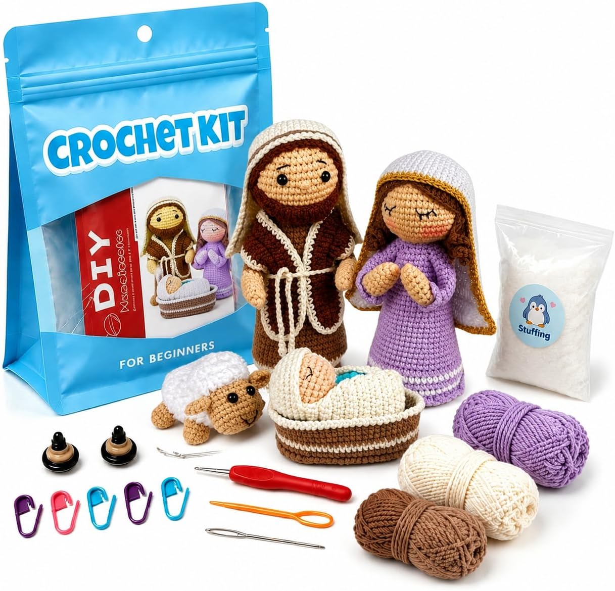 Nativity Crochet Kit for Beginners, DIY Amigurumi Christmas Crochet Kit with Yarn, Crochet Hooks, Stuffing and Accessories, Holy Family Doll Making Kit with Tutorial, Handmade Christmas Craft Gift