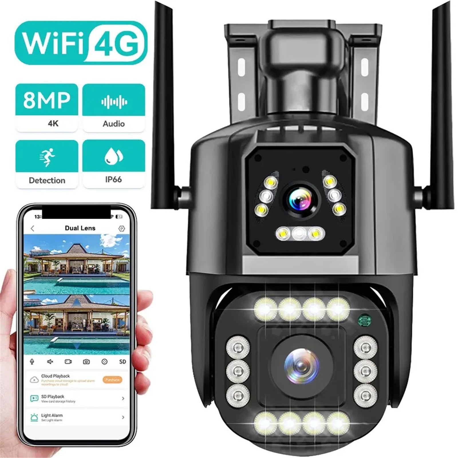 Kamera bezpieczeństwa, Kamera IP 4G/WiFi 4MP 4K z podwójnym obiektywem, ekranem, monitorem sieciowym, inteligentnym domem, kamerami PTZ CCTV na zewnątrz, ochroną bezpieczeństwa(WiFi Cam No Card)