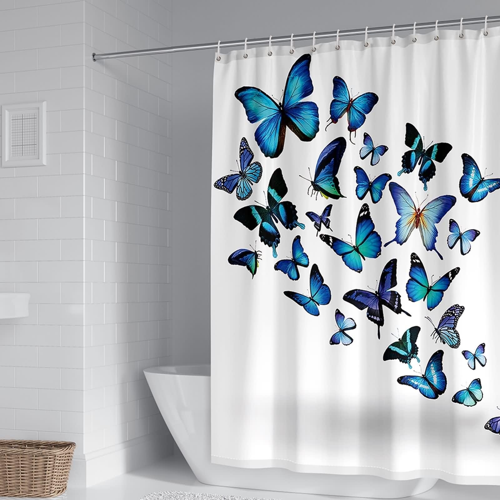Rideau de douche motif papillons KnSam bleu blanc 200x200cm en tissu polyester lavable