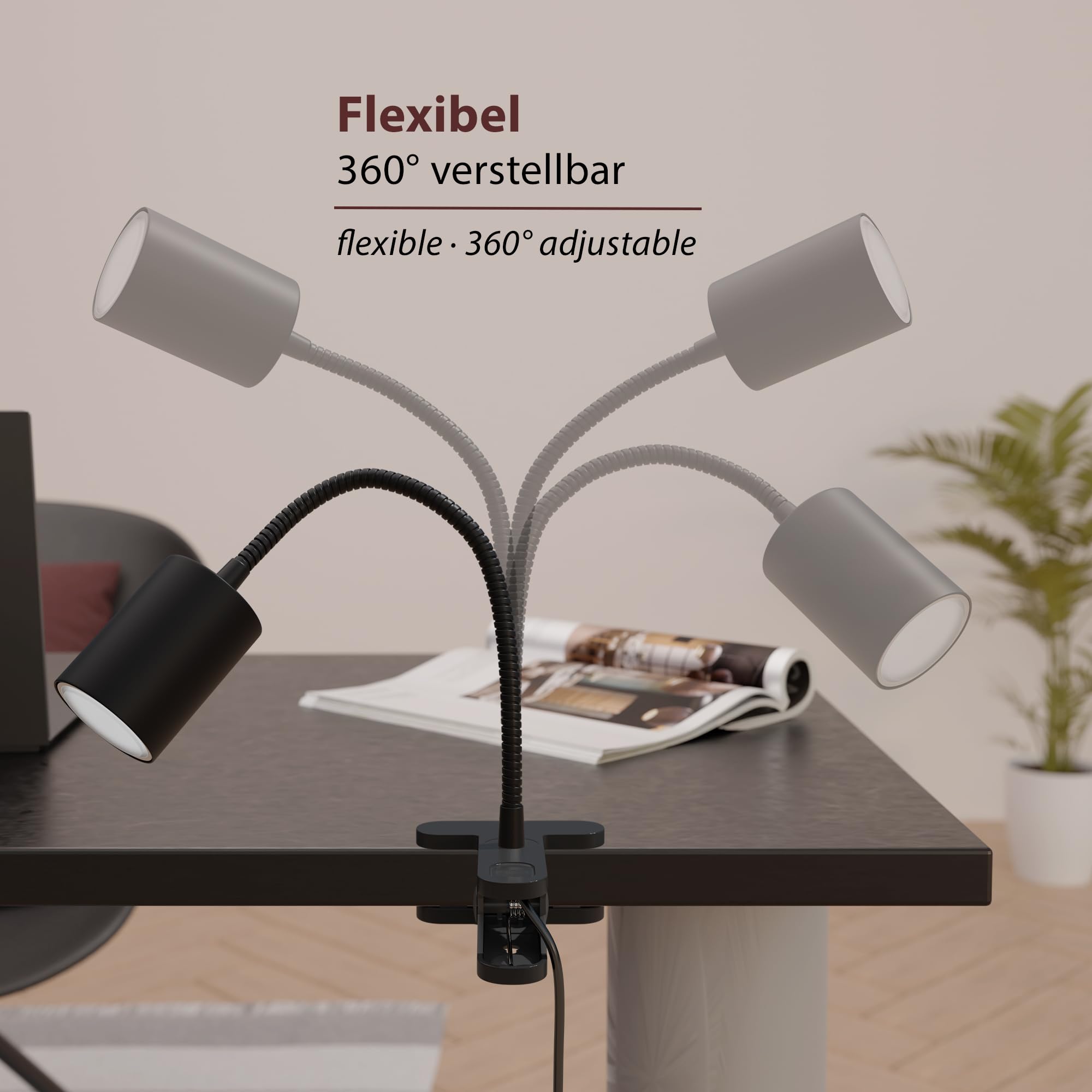 ledscom.de 2x Klemmleuchte WAIKA mit Schwanenhals und Schalter schwarz matt, inkl. Smart Home RGBW GU10 LED Lampe, 5,41W, 473lm