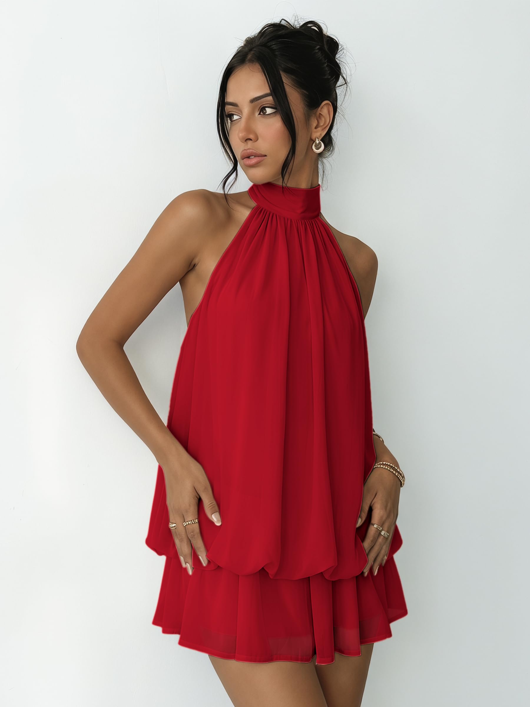 Vestido Mujer Sexy Sin Mangas Mini Vestidos Halter Elegantes Verano Vestido Espalda Descubierta con Volantes Ligero Fluido Vestidos Holgado de Gasa Casual Dress para Fiesta Playa Cocktail