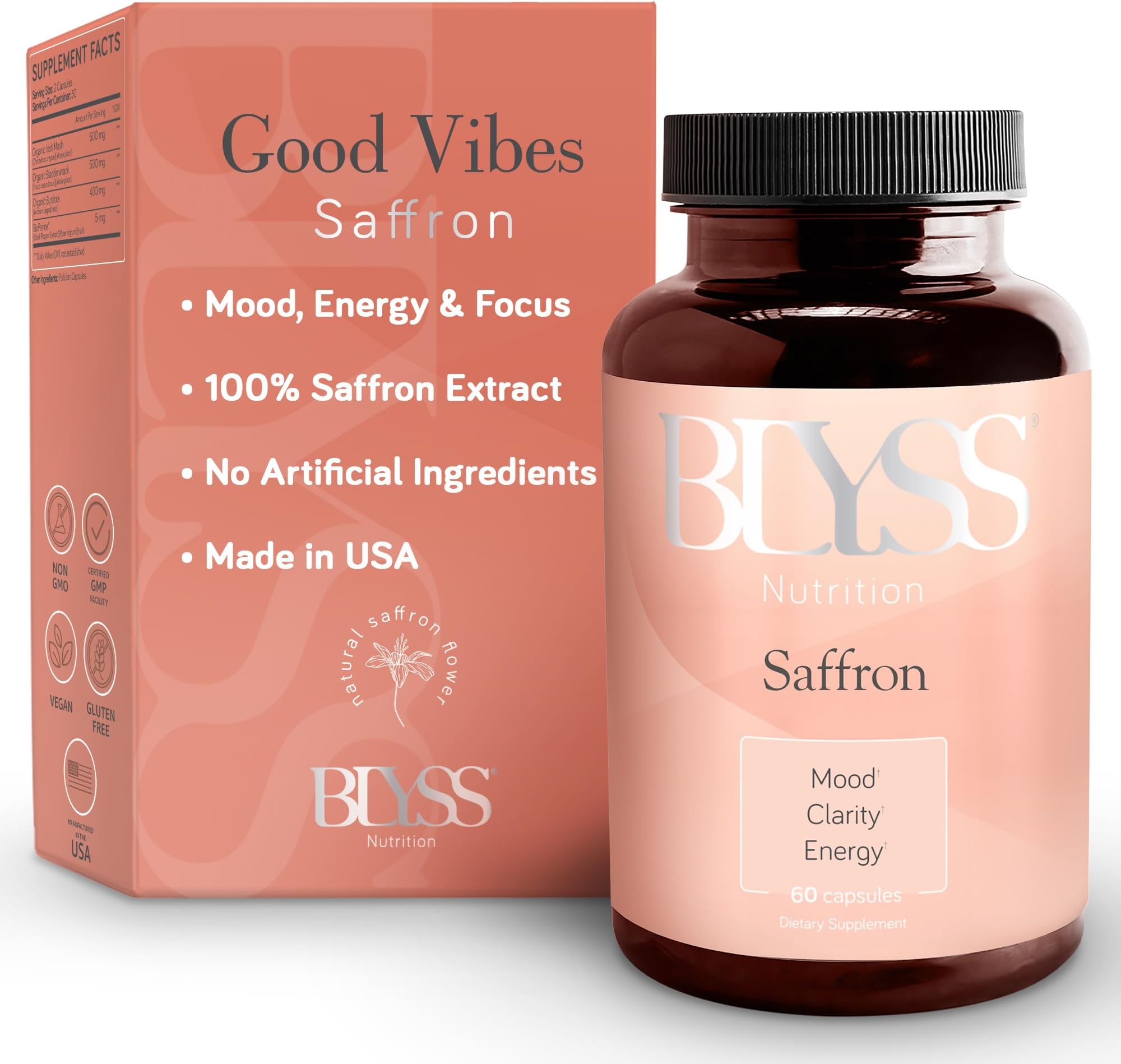 Saffron Supplements – Saffron Extract Pills for Women – Support Mood, Energy Boost, PMS, Mental Clarity & Metabolism - Non-GMO, Gluten Free, 60 Vegan Capsules