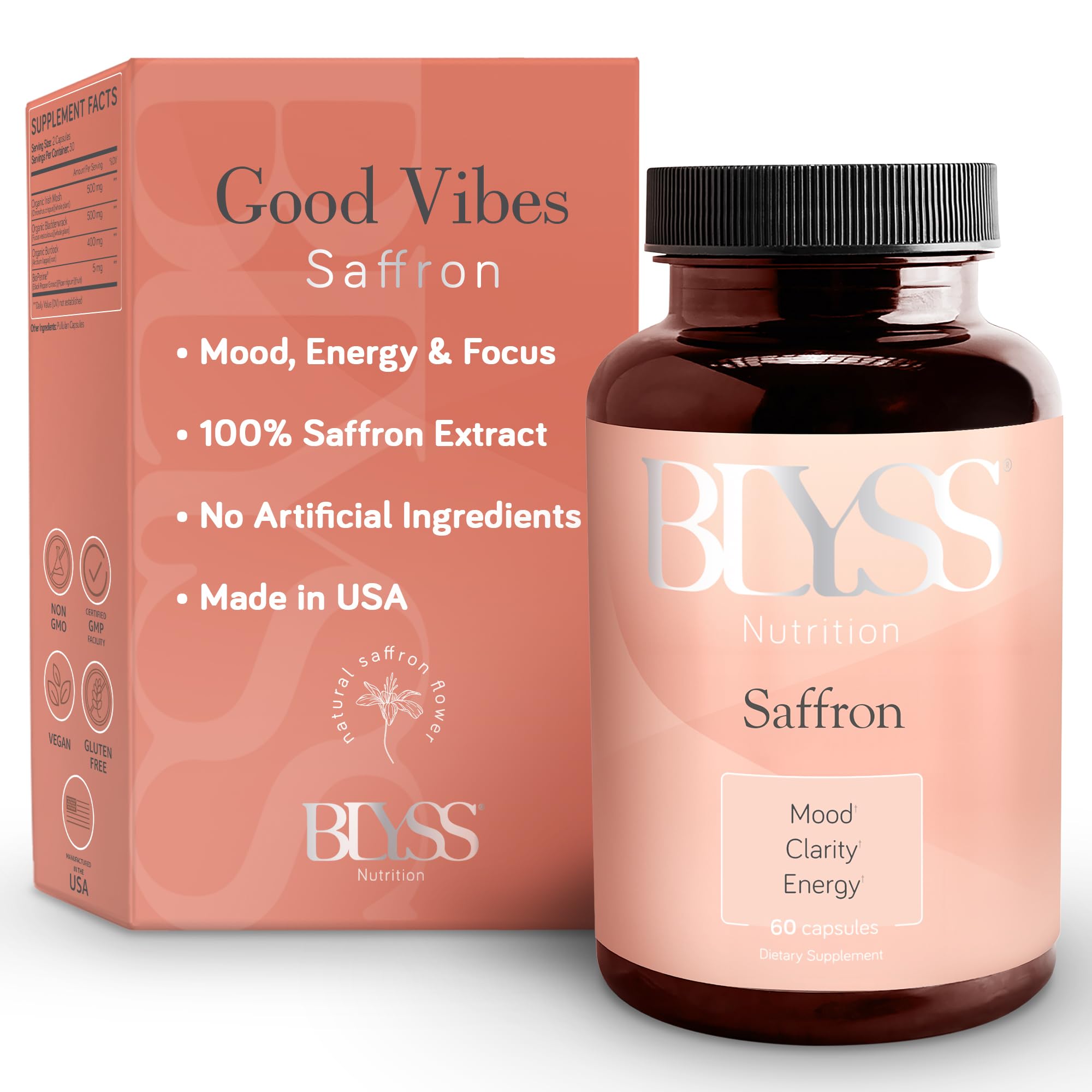 - BLYSS Nutrition Saffron Supplements – Saffron Extract Pills for Women – Support Mood, Energy Boost, PMS, Mental Clarity & Metabolism - Non-GMO, Gluten Free, 60 Vegan Capsules