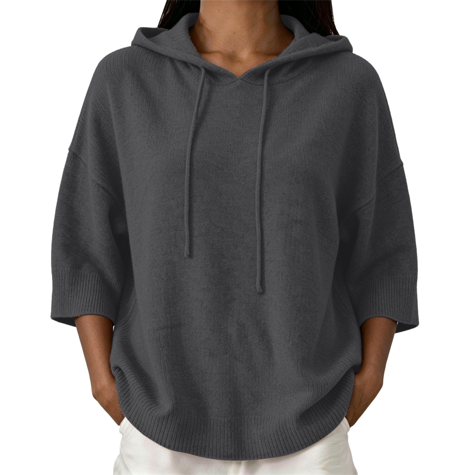 Generisch Sudadera con capucha de gran tamaño para mujer, informal, sudadera de manga larga, manga 3/4, con capucha, monocolor, a la moda, transpirable, para leggings