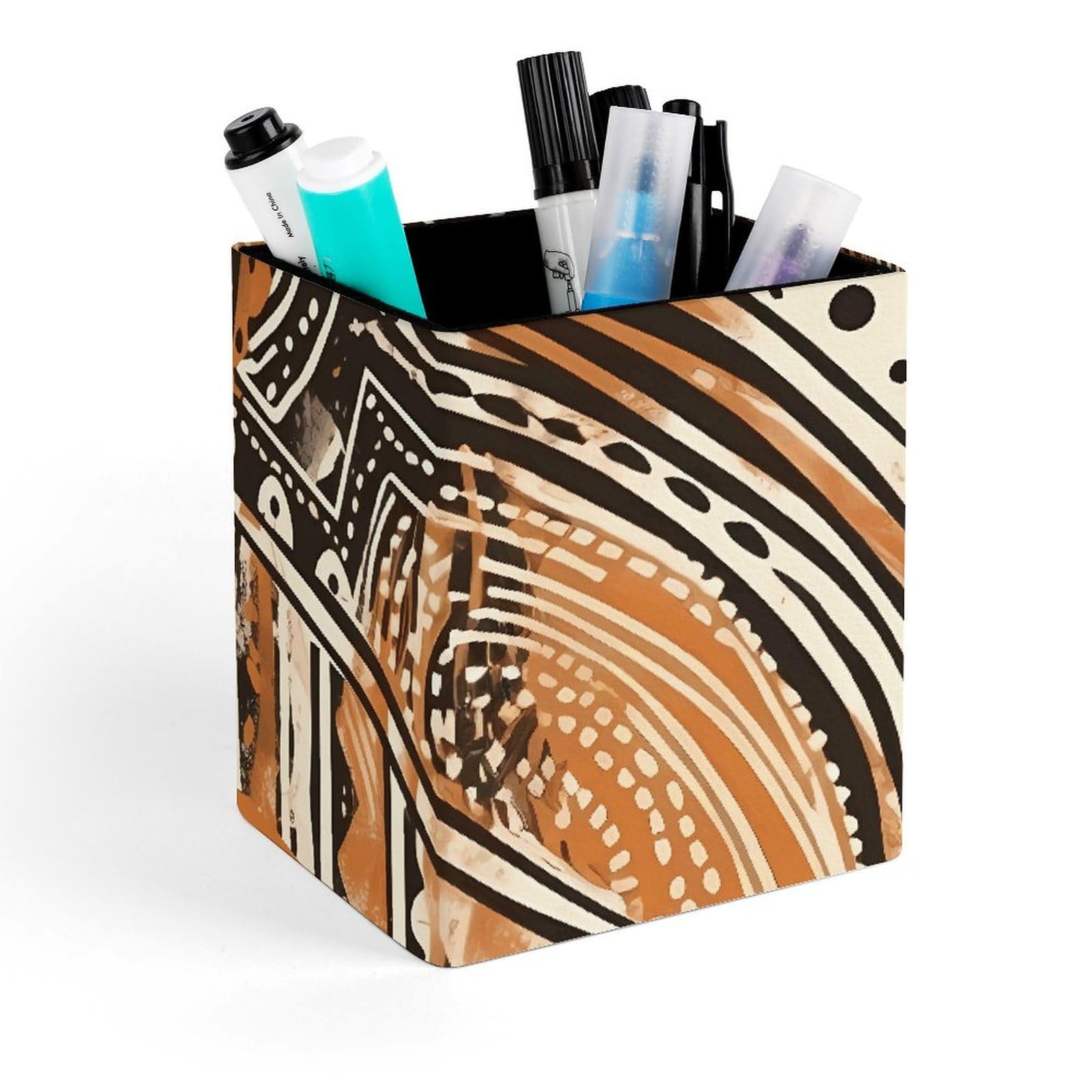 Pot à crayons imprimé tribal avec design carré et structure rigide