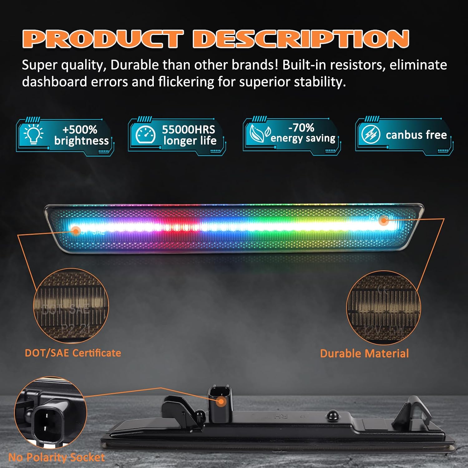 Colorful Flowing(Not RGB) Front Rear Side Marker Lights Replacement for Dodge Challenger 2015-2023, LED Bumper Marker Lamp Accessories, Smoked Lens Bumper Lamps 4PCS